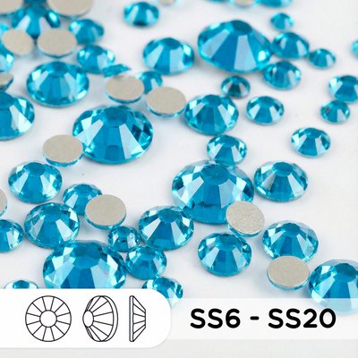 Стразы холодной фиксации из стекла, цвет Aquamarine, микс SS6–SS20
