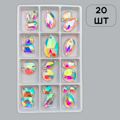 Стразы стеклянные пришивные, форма Mix, Crystal AB